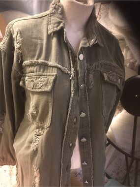 Distressed Olive Green Button-Up Jacket